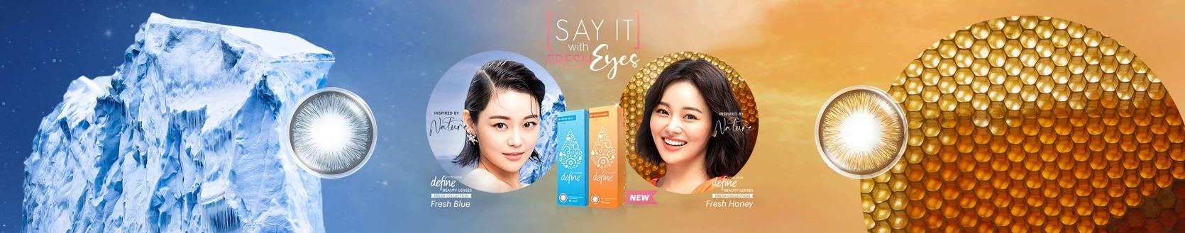 New 1-Day ACUVUE® DEFINE® FRESH colored contact lenses - Fresh Blue and Fresh Honey - long banner